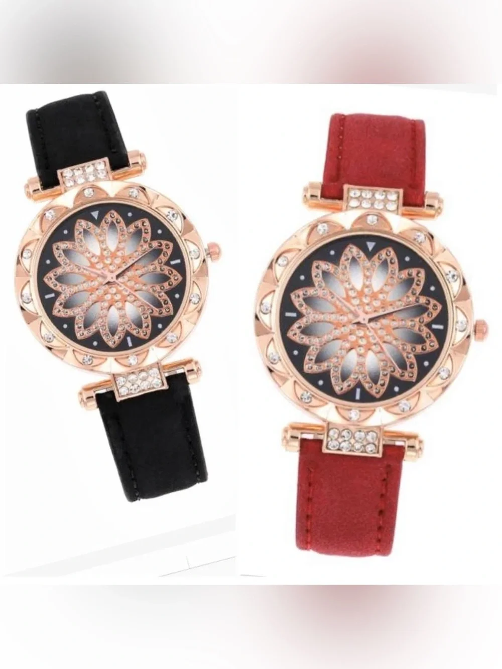 Elegant Floral Crystal Dial Leather Strap Watch - available in White, Red, Black